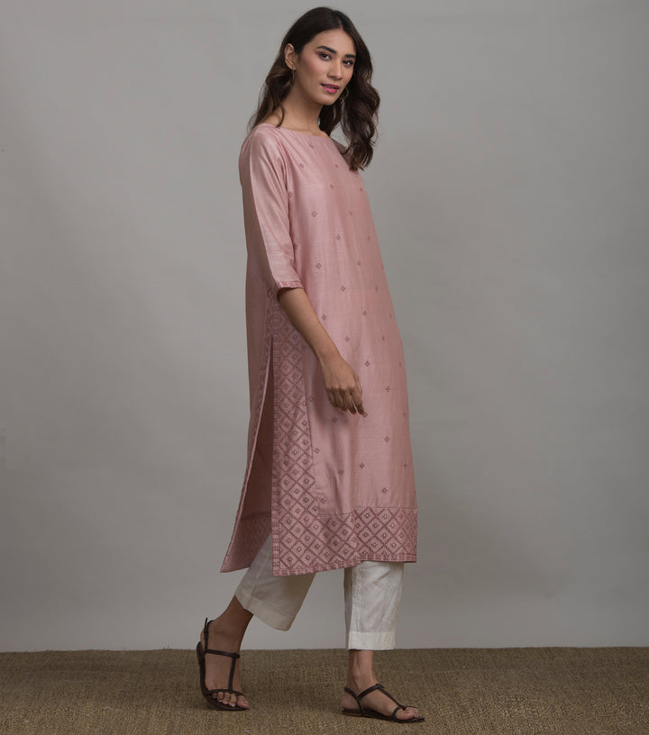 Pink embroidered chanderi kurta