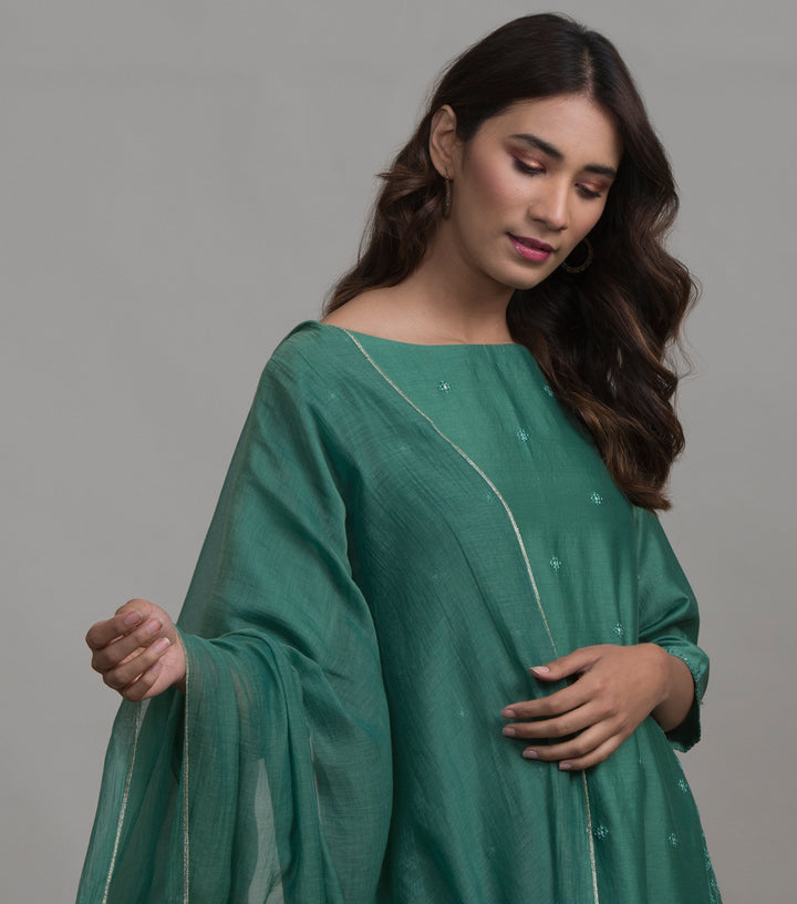 Green embroidered chanderi dupatta