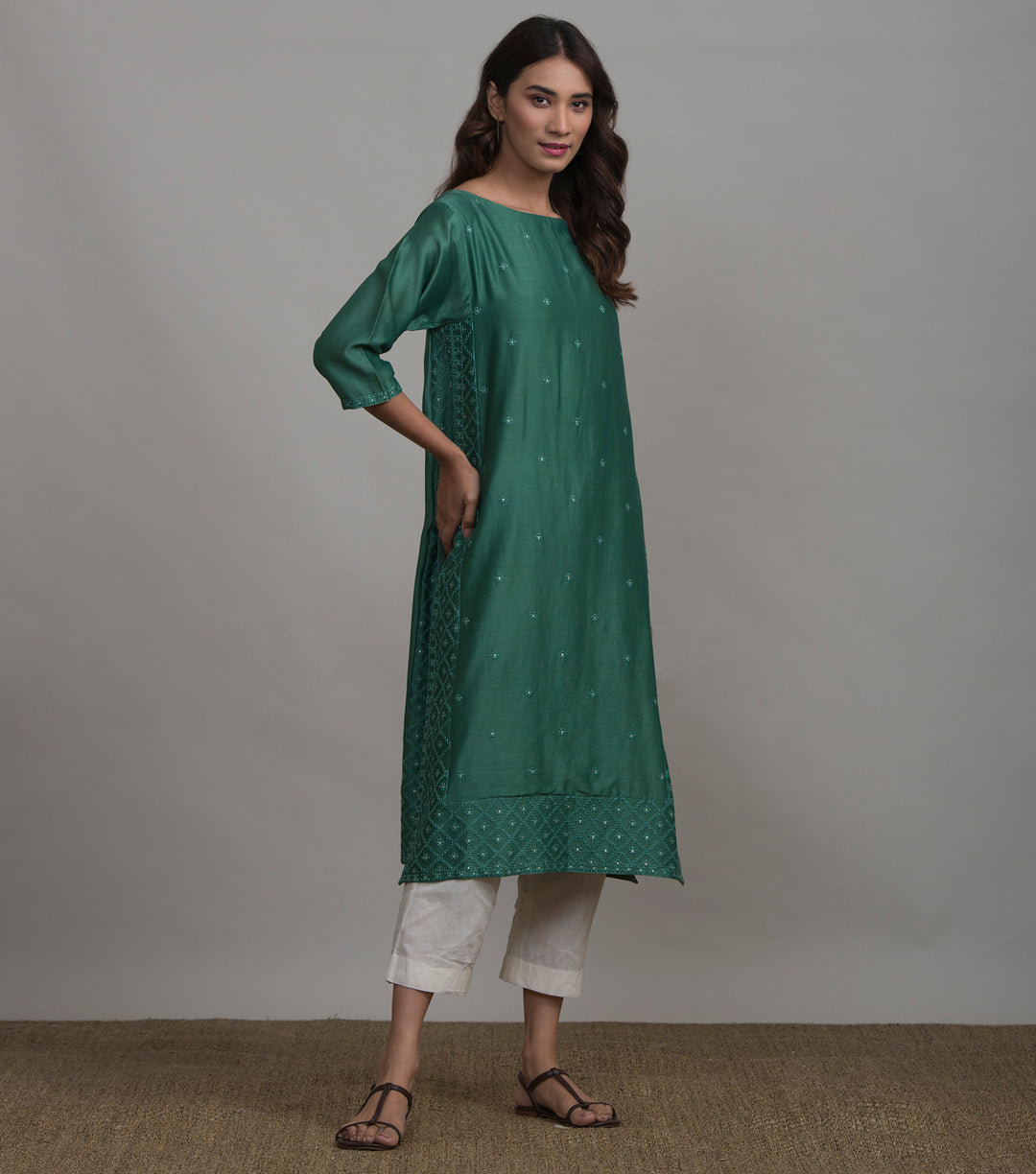 Green embroidered chanderi kurta