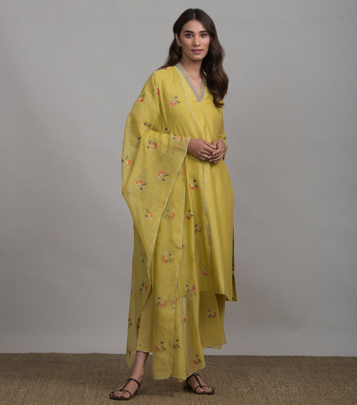 Yellow Chanderi Embroidered Dupatta