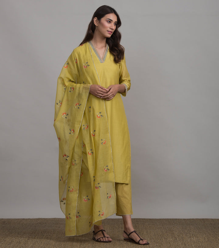 Yellow Chanderi Embroidered Dupatta