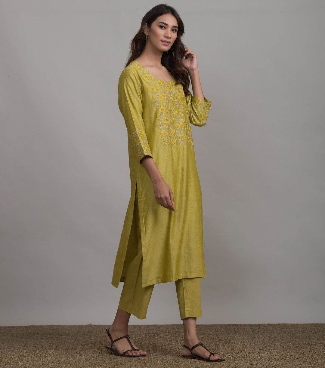 Greenish-Yellow Embroidered Chanderi Suit Set