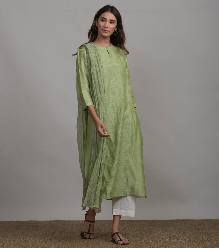 Light Green Applique Cotton Silk Kurta & White Pants Set