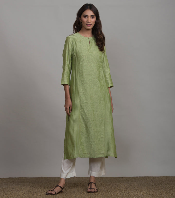 Light Green Applique Cotton Silk Kurta & White Pants Set