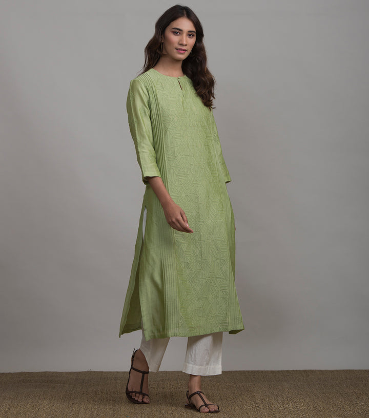 Light Green Applique Cotton Silk Kurta & White Pants Set