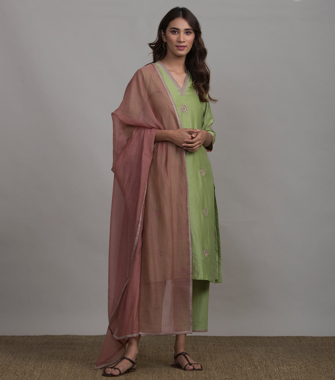 Light Green Chanderi Kurta & Cotton Palazzo Set