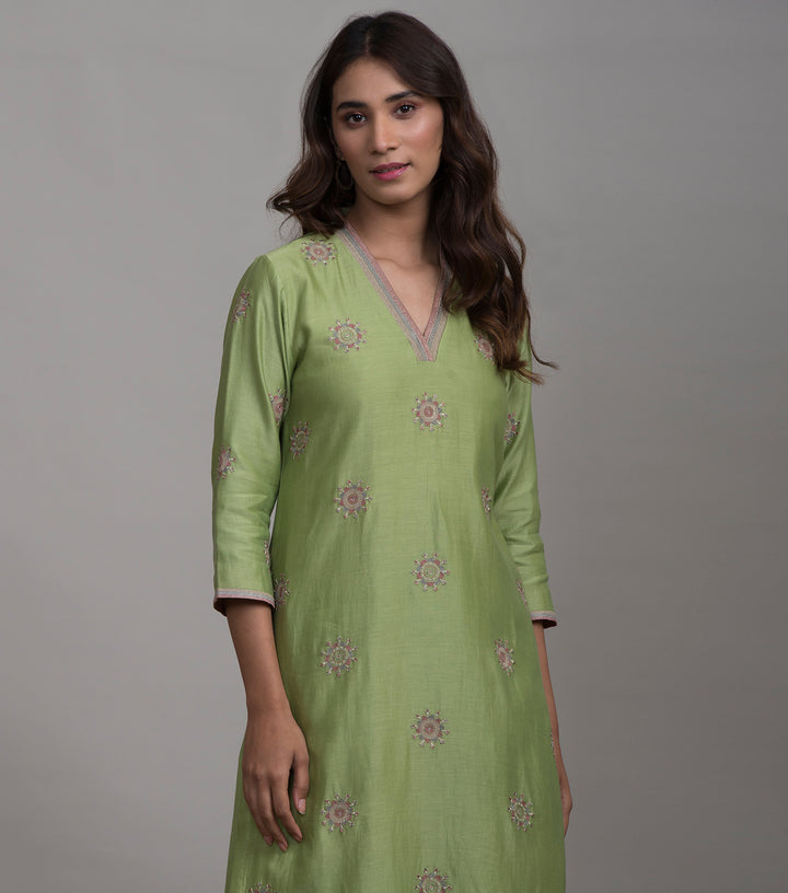 Light Green Chanderi Kurta & Cotton Palazzo Set