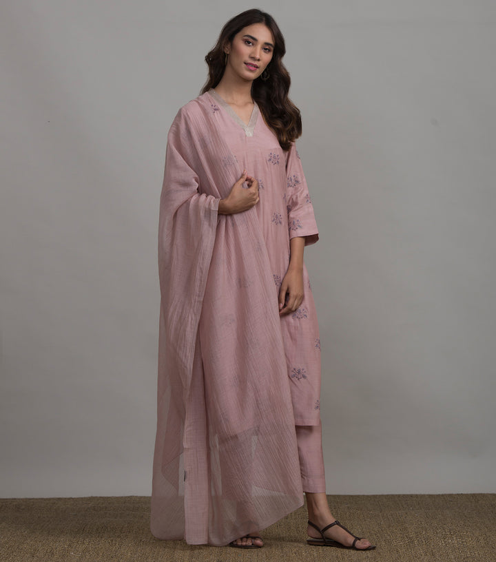 Onion Pink Embroidered Cotton Silk Kurta & Cotton Palazzo Set