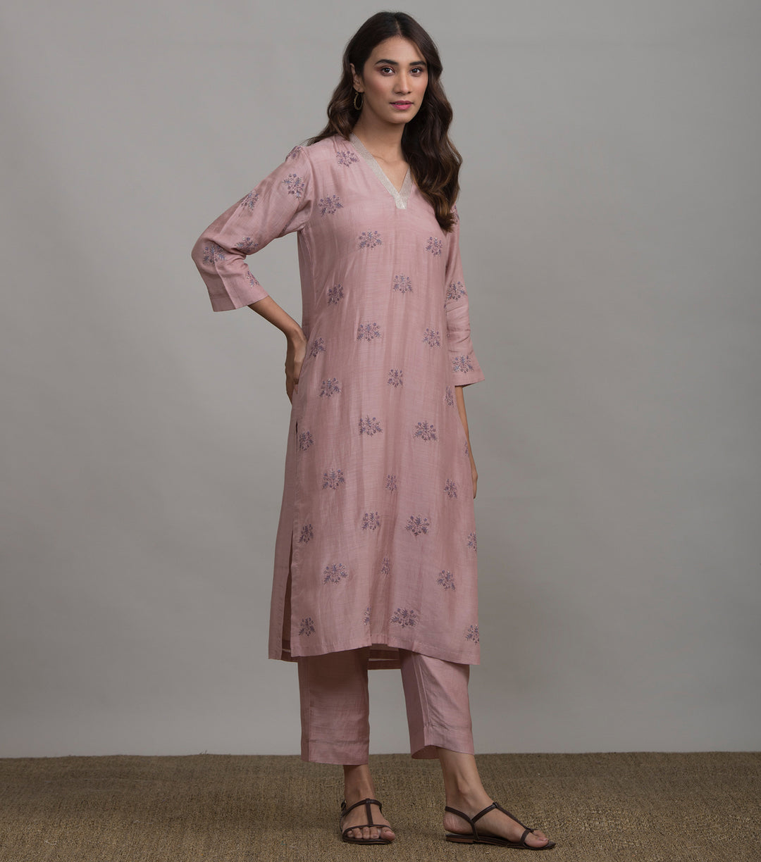 Onion Pink Embroidered Cotton Silk Kurta & Cotton Palazzo Set