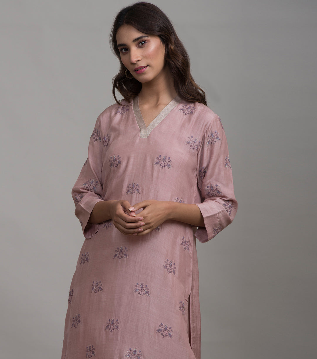 Onion Pink Embroidered Cotton Silk Kurta & Cotton Palazzo Set