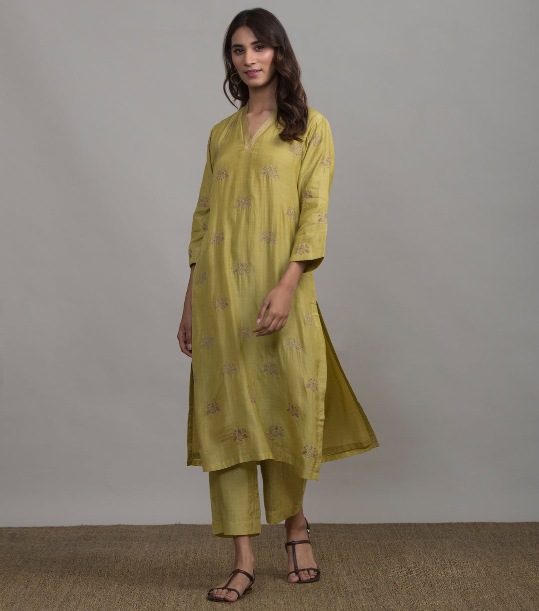 Greenish-Yellow embroidered silk kurta & Pants set