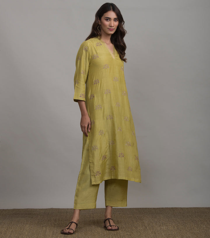 Greenish-Yellow embroidered silk kurta & Pants set