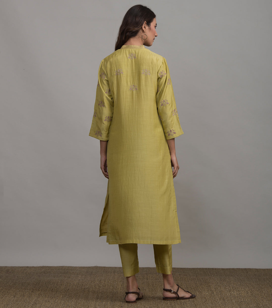 Greenish-Yellow embroidered silk kurta & Pants set