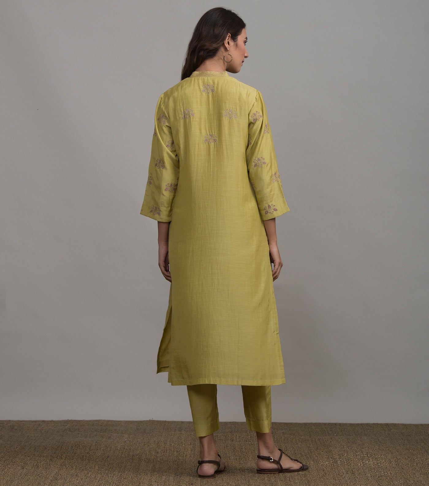 Greenish-Yellow embroidered silk kurta & Pants set