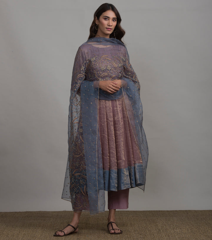 Blue organza embroidered dupatta