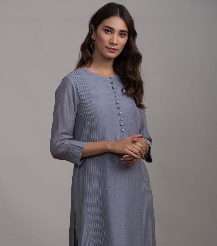 Greyish-Blue Silk Kurta & Cotton Pants Set