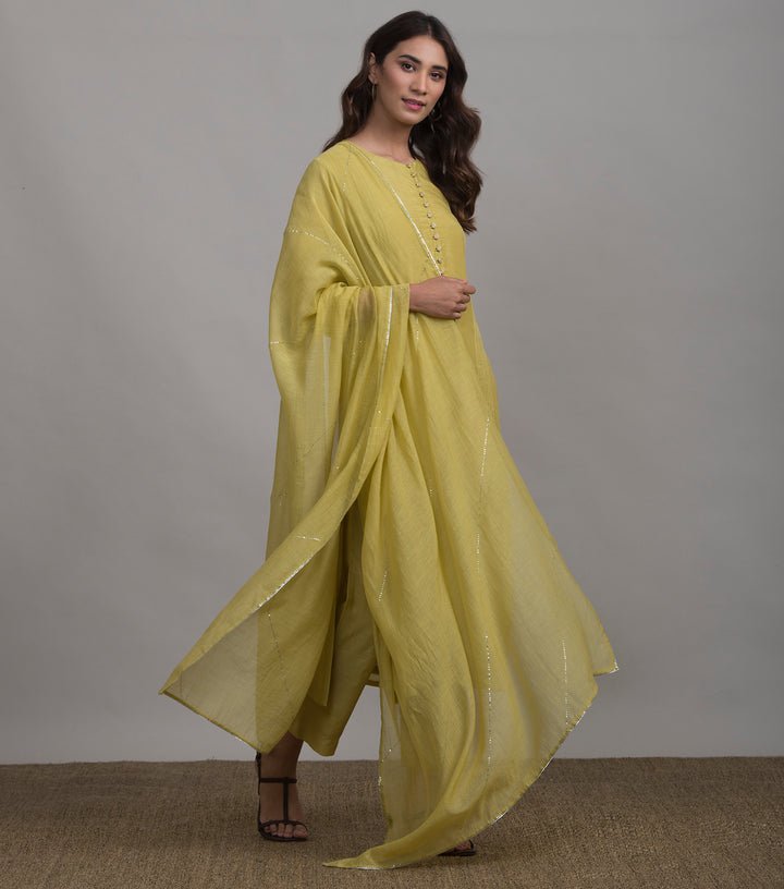 Mustard mukaish work chanderi dupatta