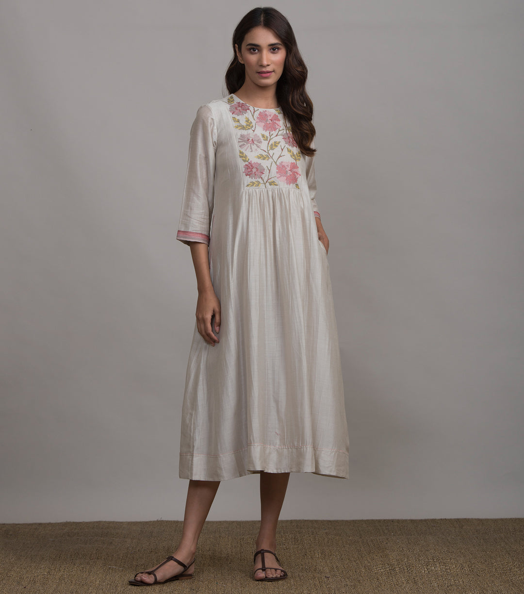 Ivory embroidered silk dress