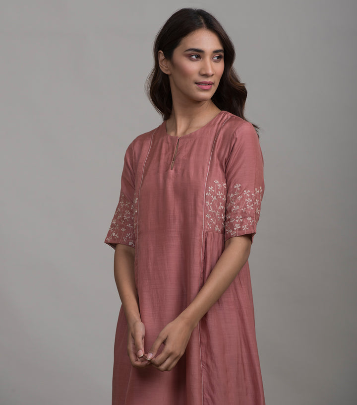 Pink embroidered silk dress