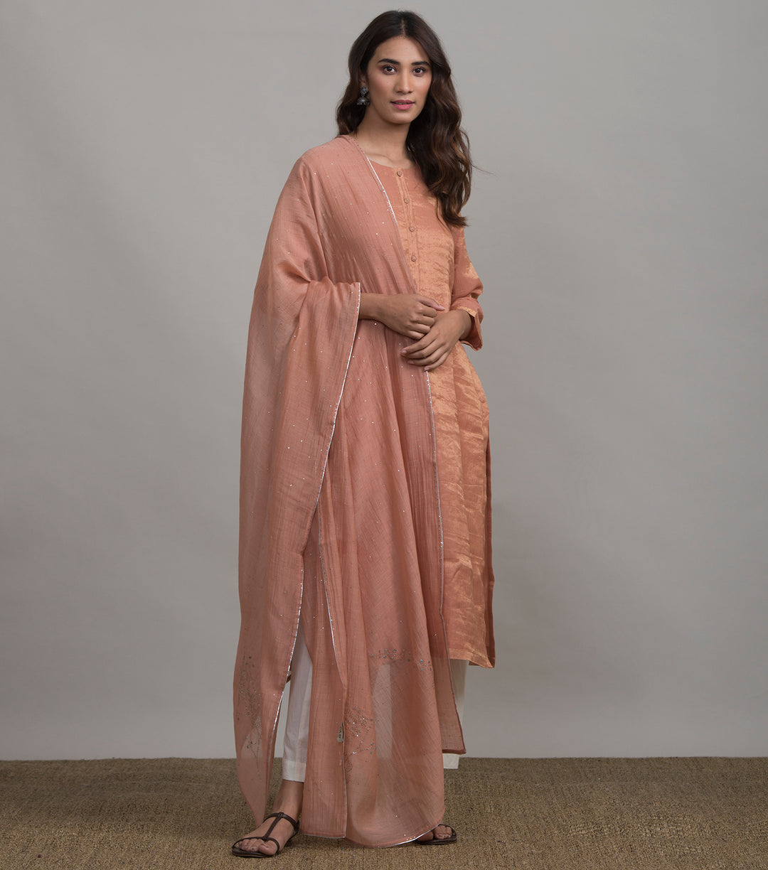 Peach Mukaish Work Chanderi Dupatta