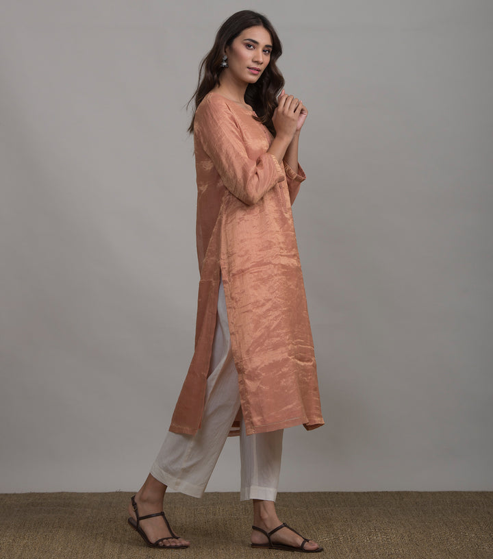 Peach solid tissue kurta