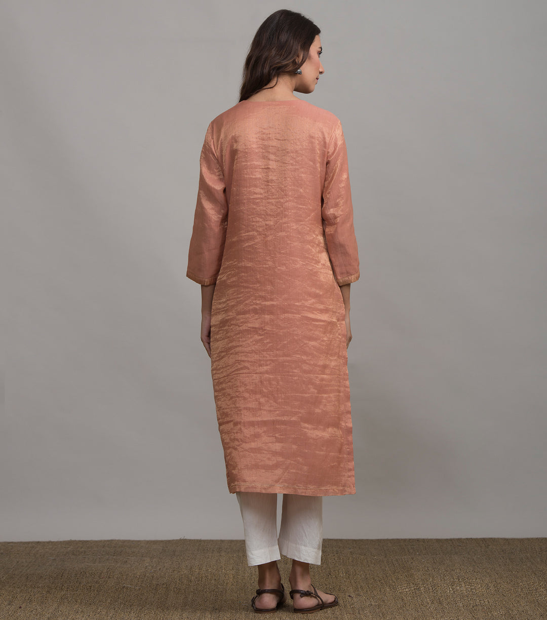 Peach solid tissue kurta