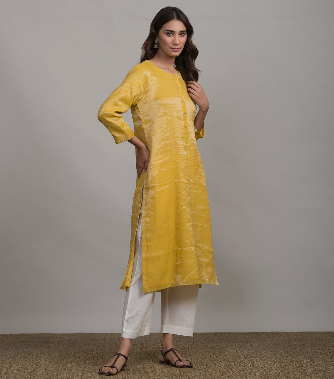 Mustard solid tissue kurta