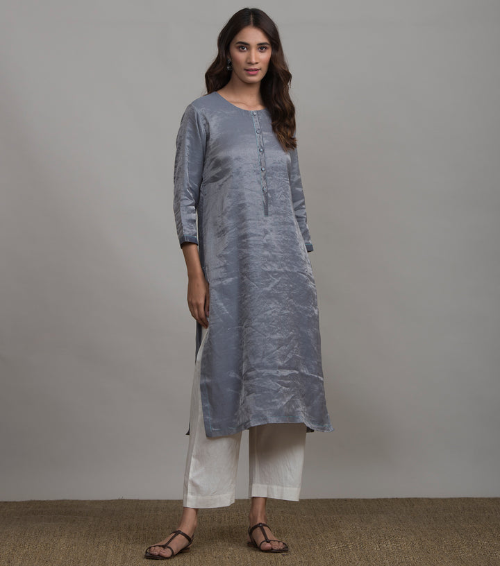 Blue solid tissue kurta