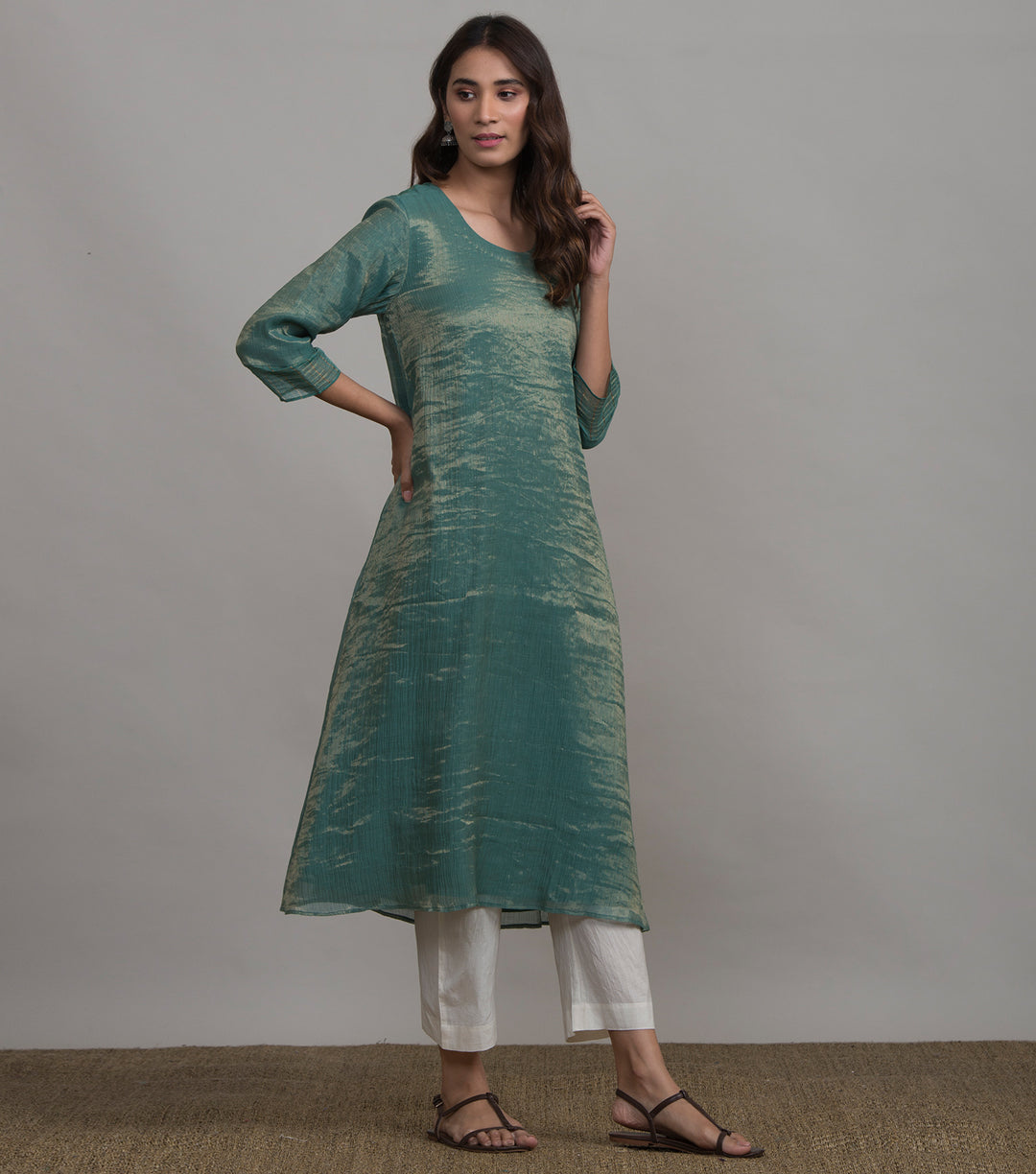 Green solid tissue kurta