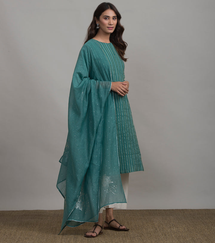 Sea Green Mukaish Work Chanderi Dupatta