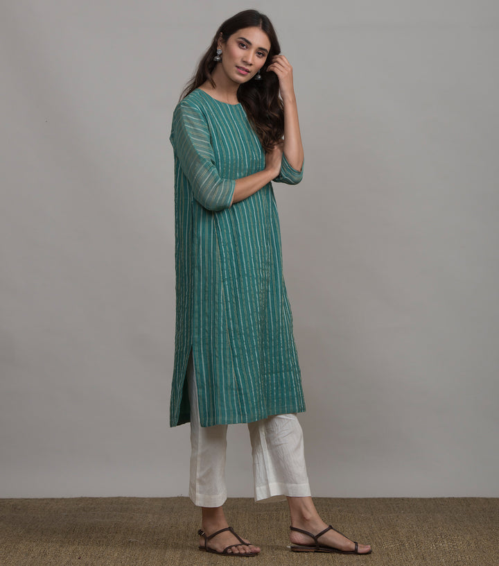 Green chanderi striped kurta