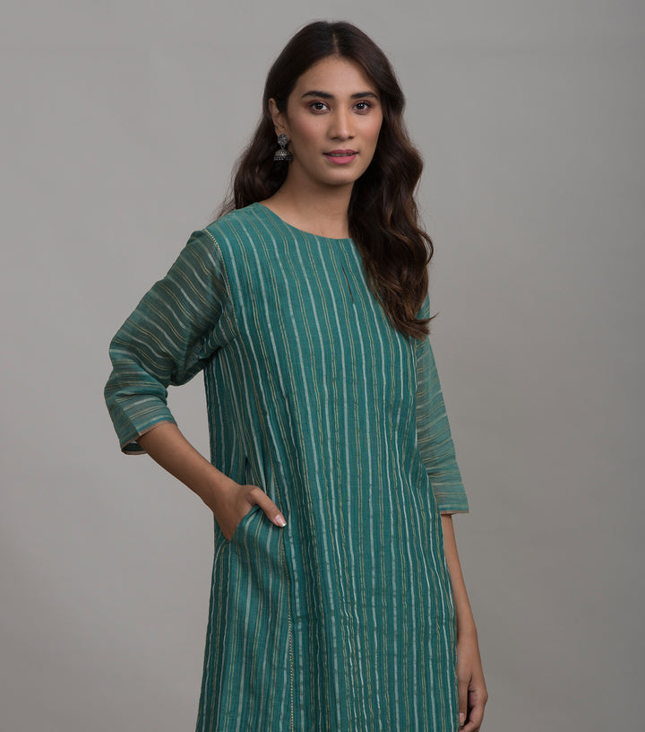 Green chanderi striped kurta