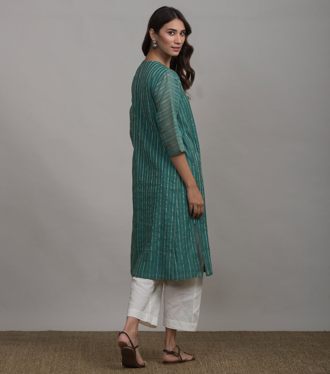 Green chanderi striped kurta