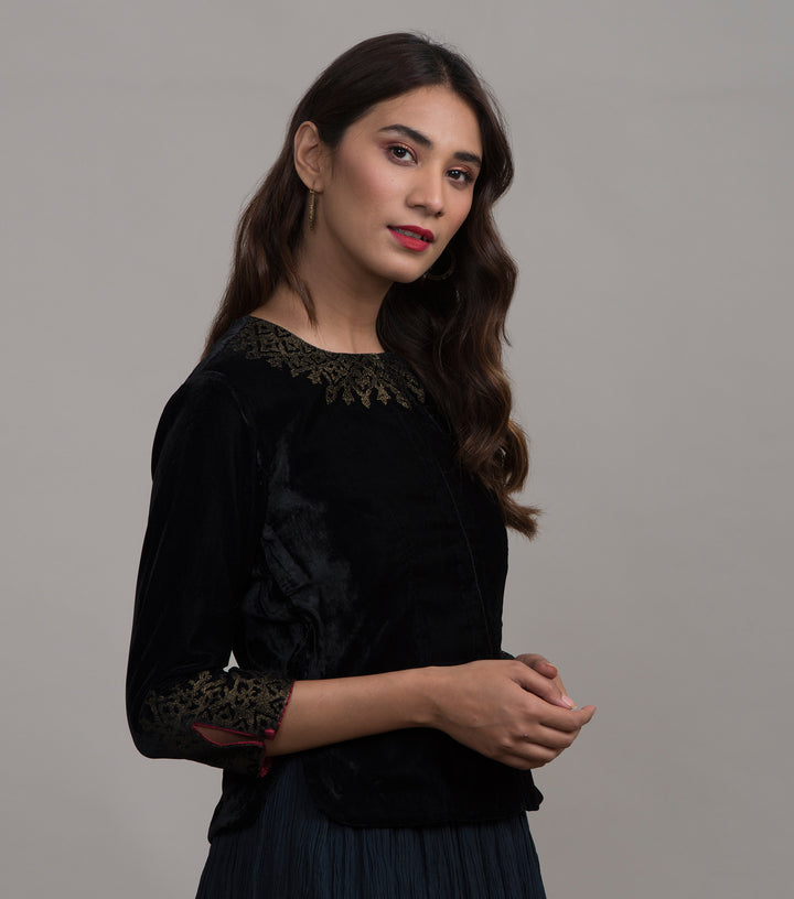 Black embroidered velvet blouse