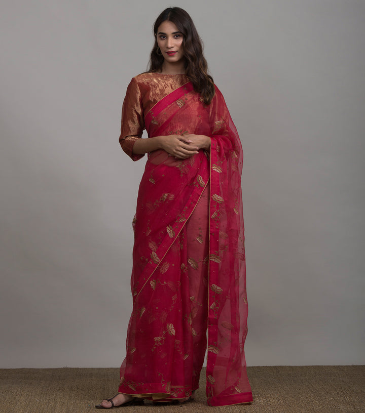 Rani Pink embroidered organza saree