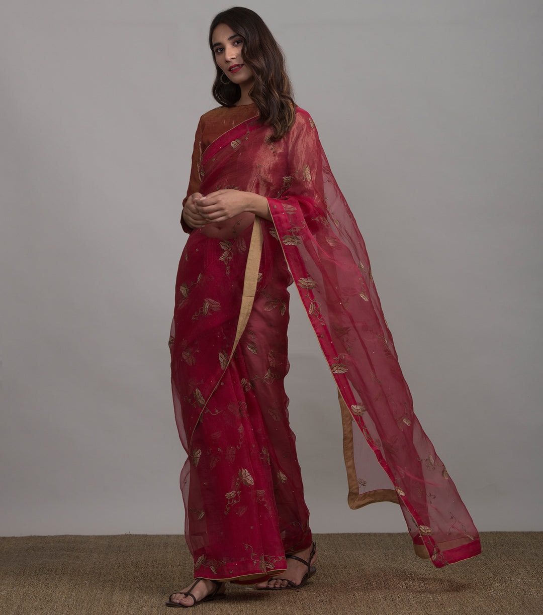 Rani Pink embroidered organza saree