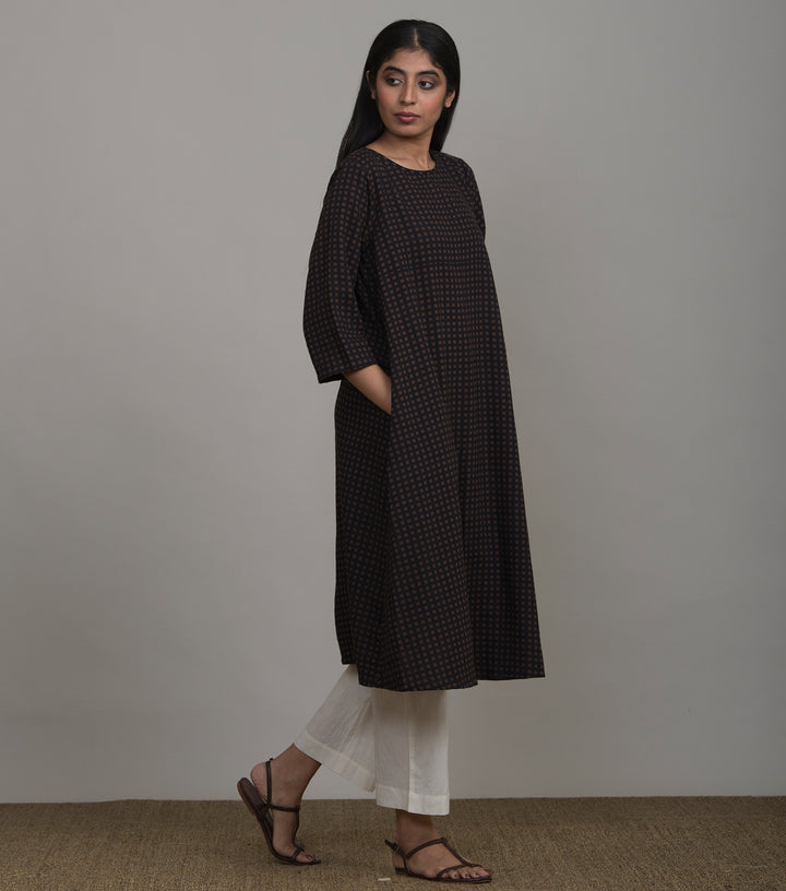 Black printed khadi kurta