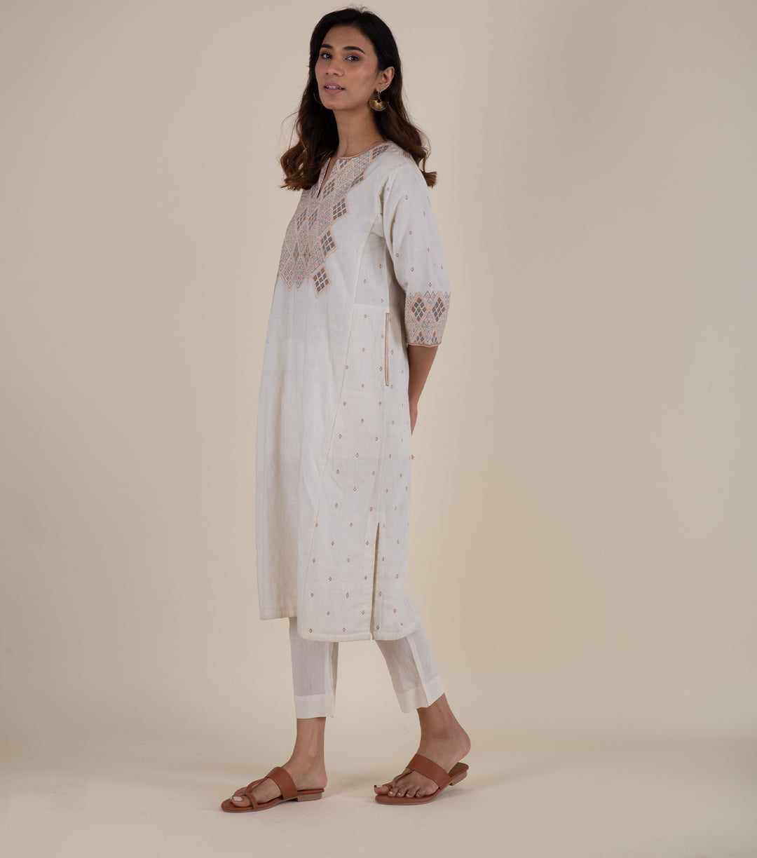 Natural Embroidered Cotton Linen Kurta