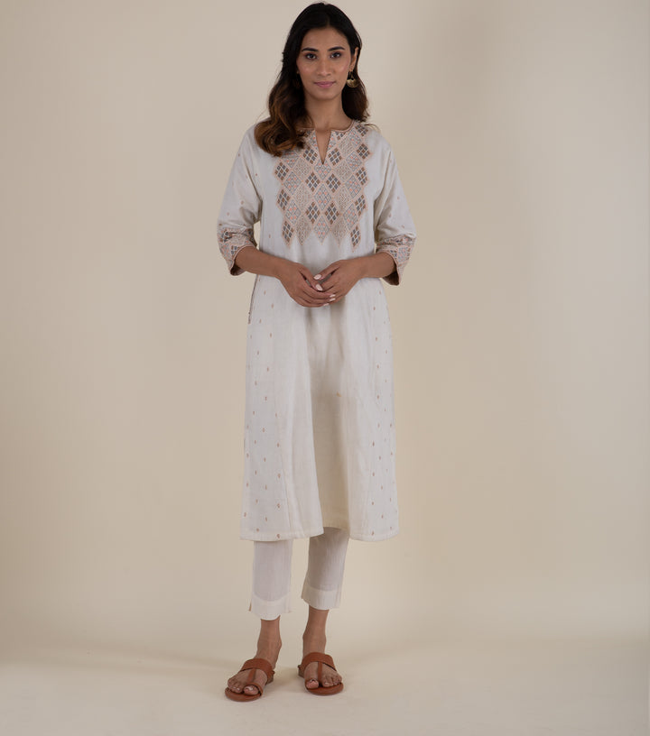 Natural Embroidered Cotton Linen Kurta