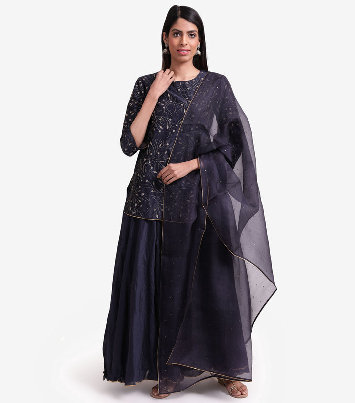 Navy Blue Chanderi Embroidered Kurta & Skirt Set