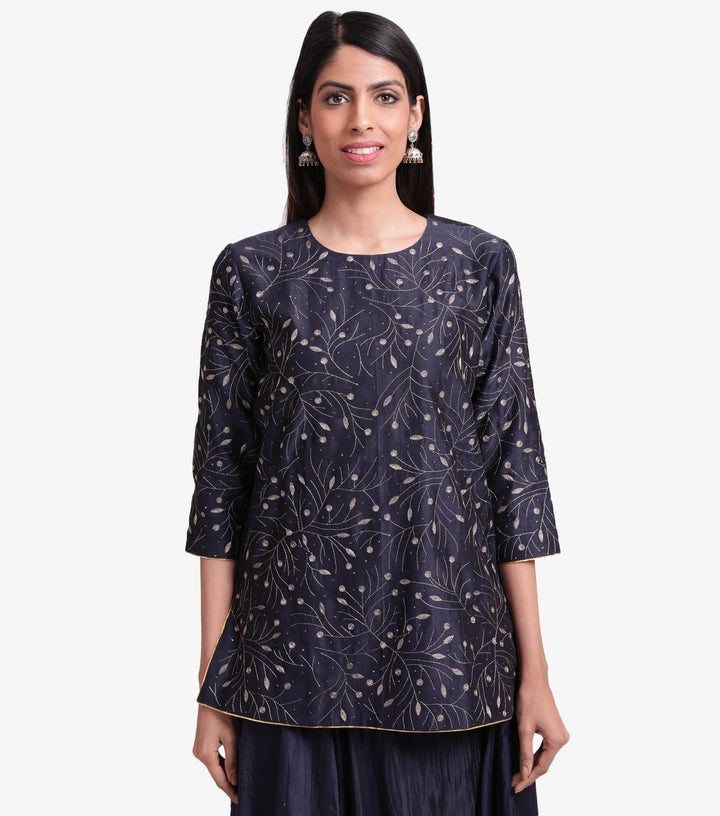 Navy Blue Chanderi Embroidered Kurta & Skirt Set