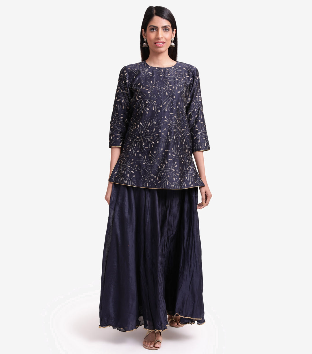 Navy Blue Chanderi Embroidered Kurta & Skirt Set