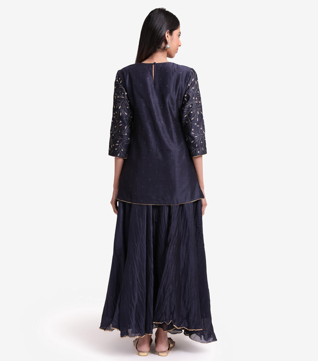 Navy Blue Chanderi Embroidered Kurta & Skirt Set