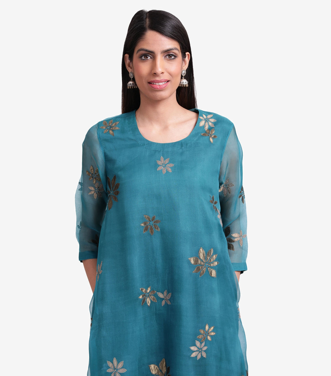 Teal organza embroidered kurta set