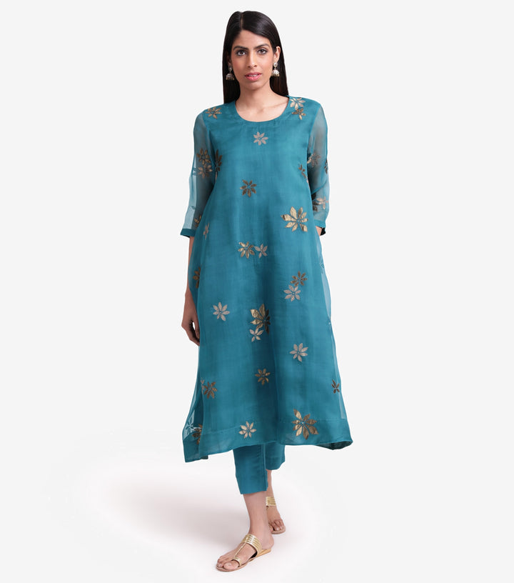 Teal organza embroidered kurta set