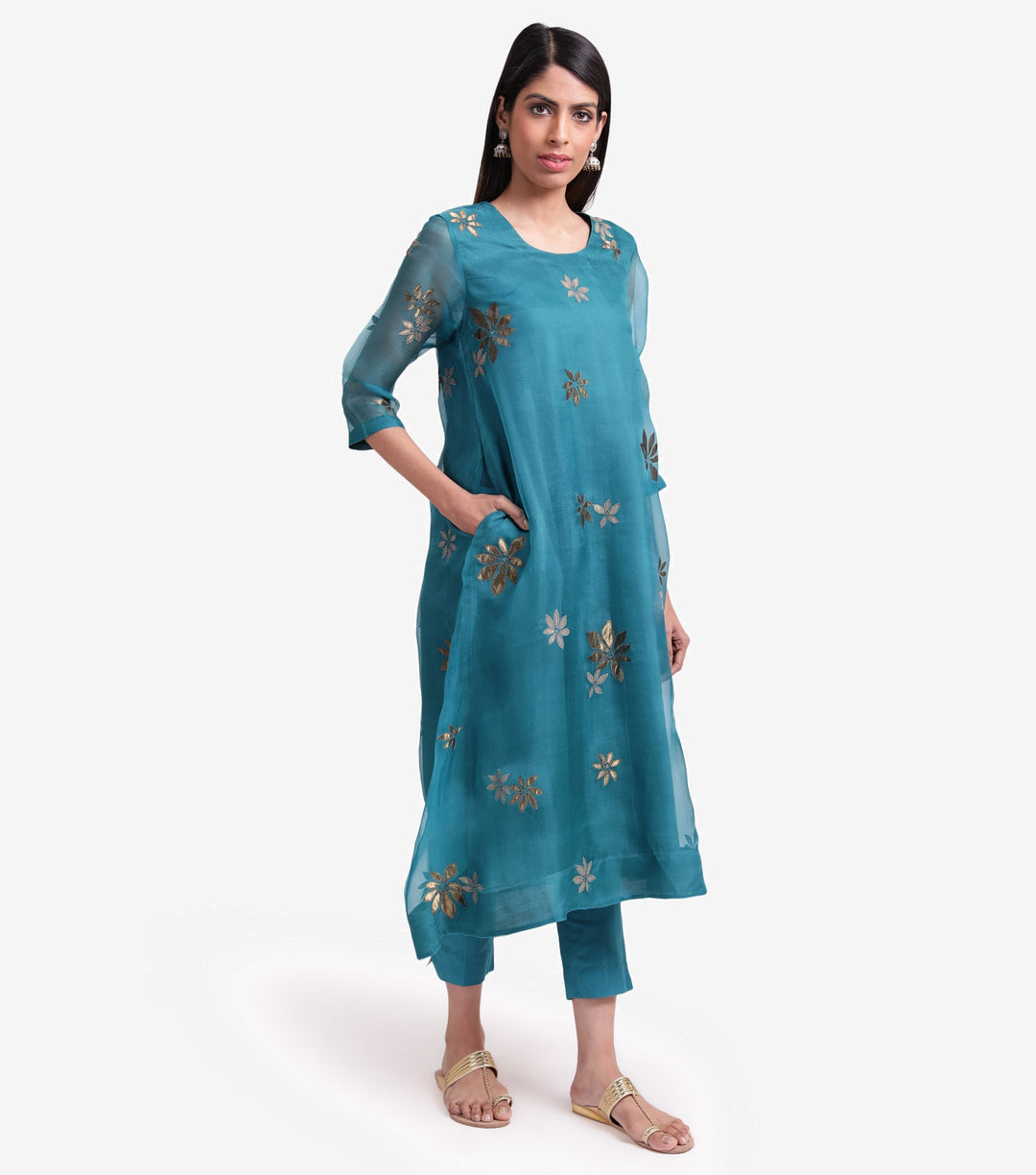 Teal organza embroidered kurta set