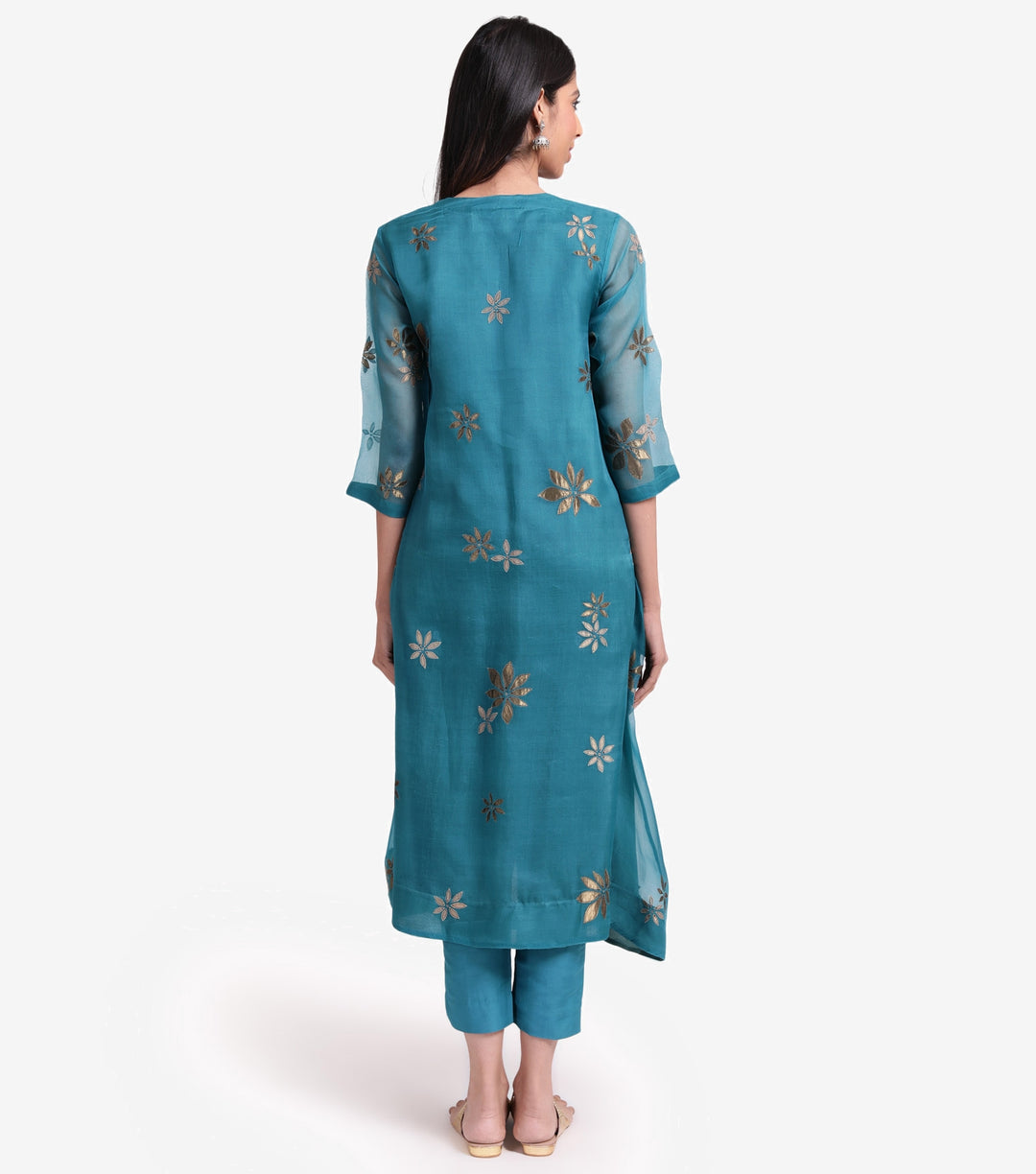 Teal organza embroidered kurta set