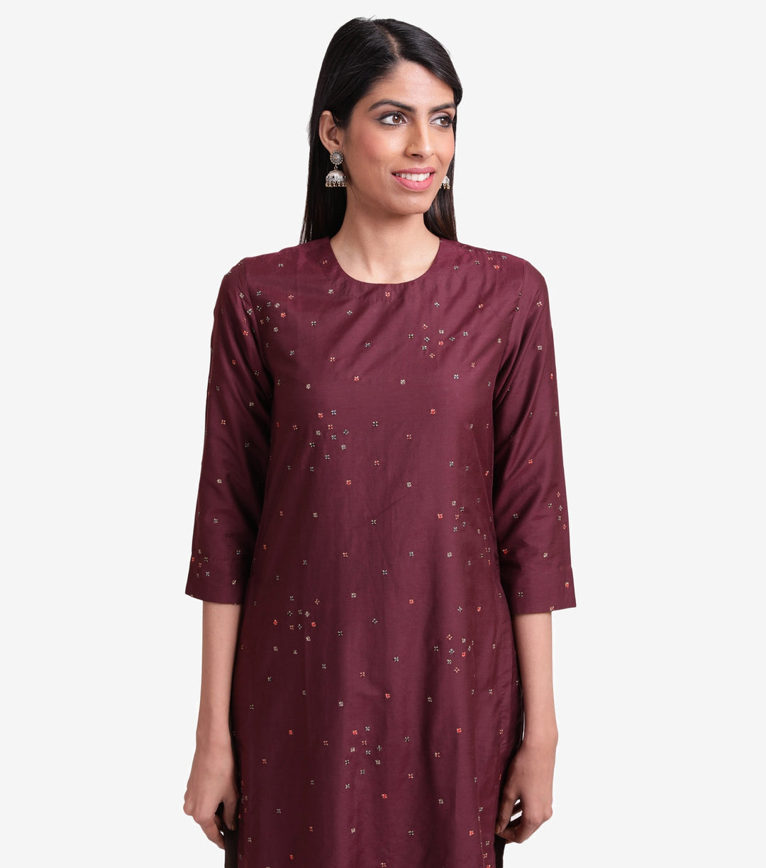 Wine cotton silk embroidered kurta