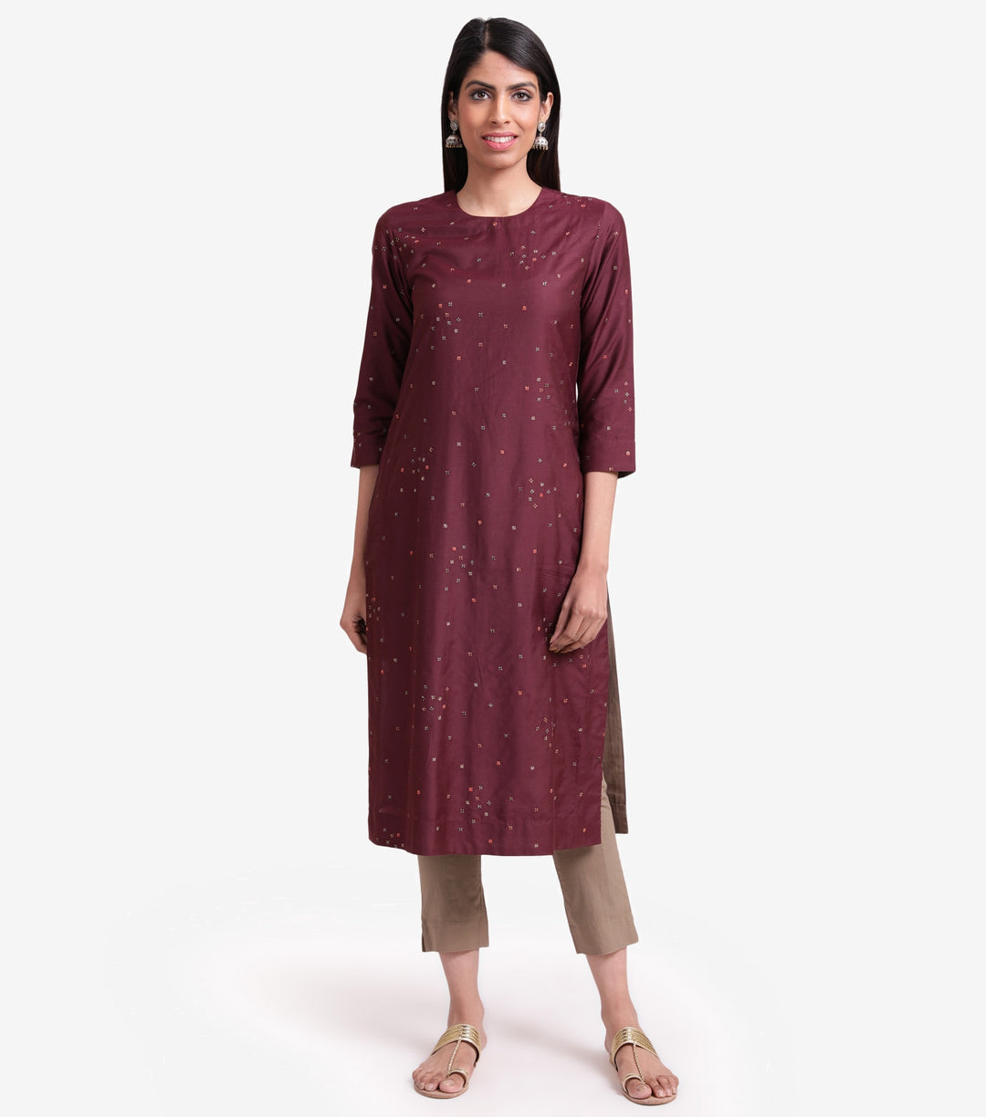 Wine cotton silk embroidered kurta