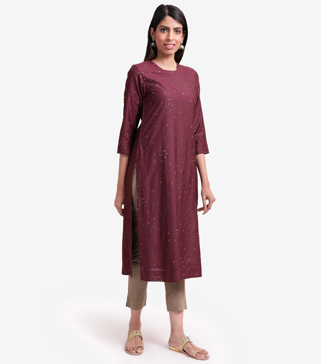 Wine cotton silk embroidered kurta